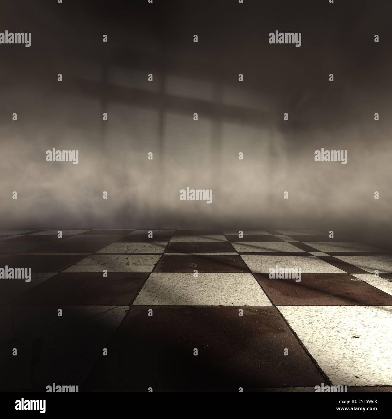 Pavimento scuro e pareti con luce finestra e nebbia o fumo. Oscurare o disturbare un luogo vuoto. Foto Stock