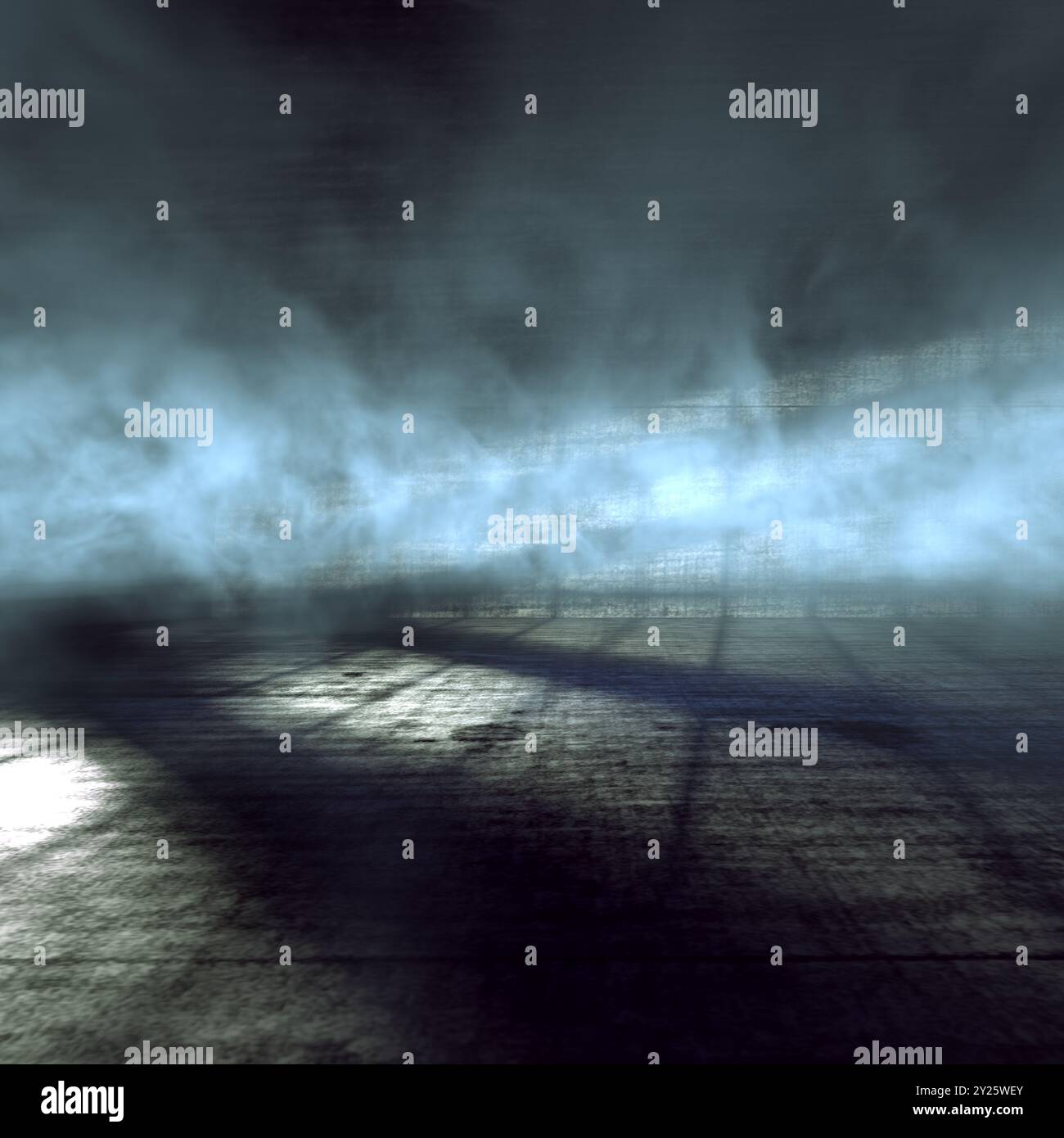 Pavimento scuro e pareti con luce finestra e nebbia o fumo. Oscurare o disturbare un luogo vuoto. Foto Stock