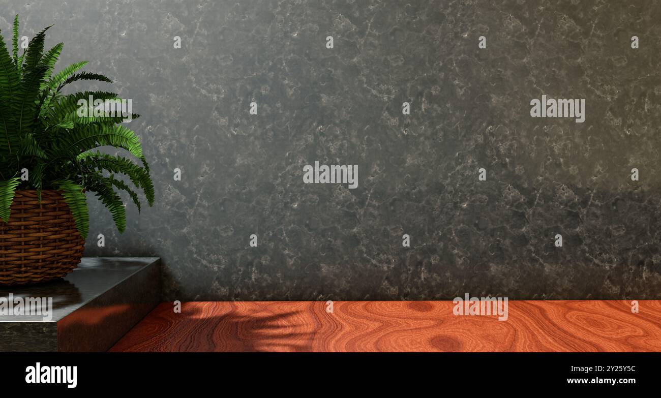 Parete vuota monocromatica interna con tavolo minimalista. Prodotto di mockup per scena da parete per vetrina, sfondo promozionale.spazio per copia su parete in cemento testurizzato. Foto Stock