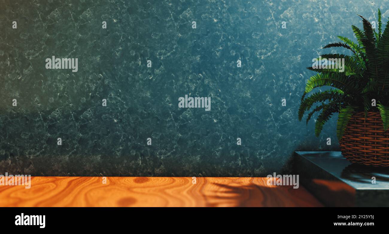 Parete vuota monocromatica interna con tavolo minimalista. Prodotto di mockup per scena da parete per vetrina, sfondo promozionale.spazio per copia su parete in cemento testurizzato. Foto Stock