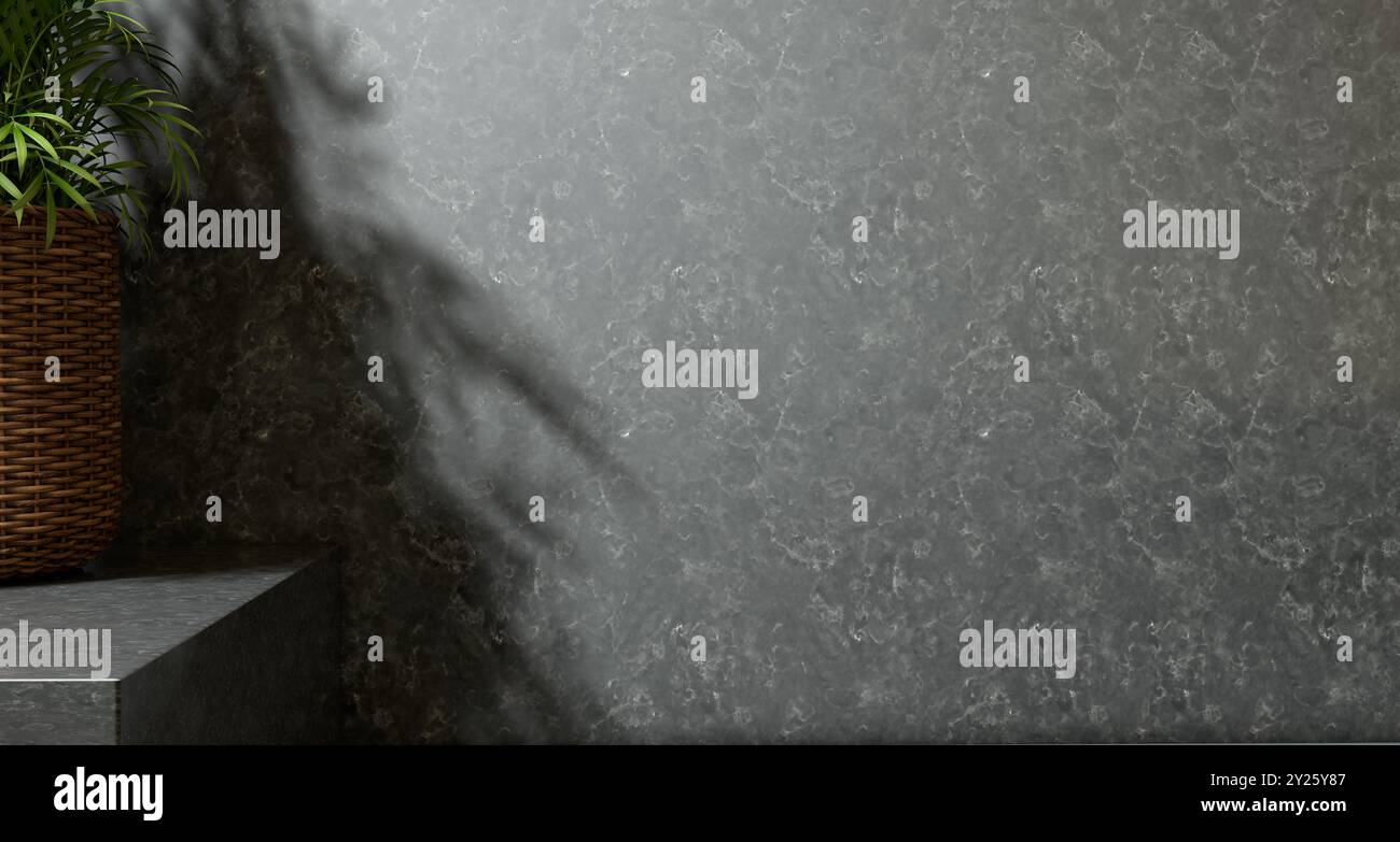 Parete vuota monocromatica interna con tavolo minimalista. Prodotto di mockup per scena da parete per vetrina, sfondo promozionale.spazio per copia su parete in cemento testurizzato. Foto Stock