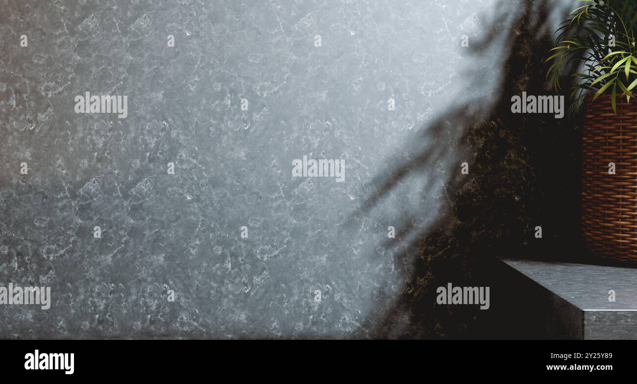 Parete vuota monocromatica interna con tavolo minimalista. Prodotto di mockup per scena da parete per vetrina, sfondo promozionale.spazio per copia su parete in cemento testurizzato. Foto Stock