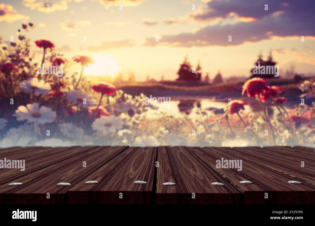 Tavolo in legno o piano superiore con il paesaggio primaverile di montagna e fiori. Tramonto sul campo. Per montaggio su display del prodotto. Illustrazione 3d. Foto Stock