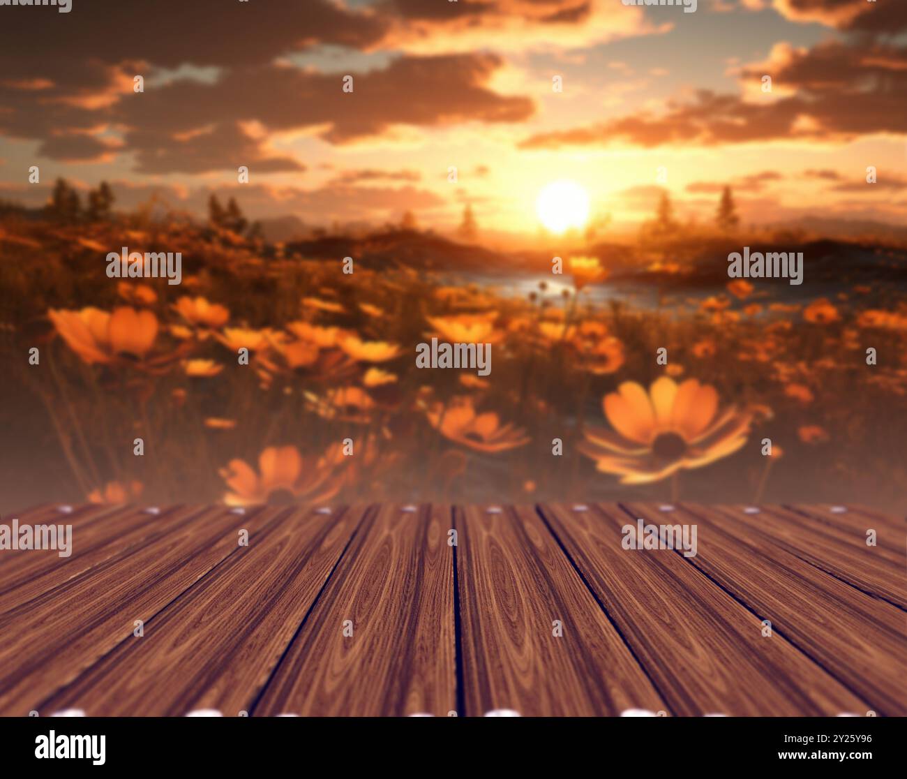 Tavolo in legno o piano superiore con il paesaggio primaverile di montagna e fiori. Tramonto sul campo. Per montaggio su display del prodotto. Illustrazione 3d. Foto Stock