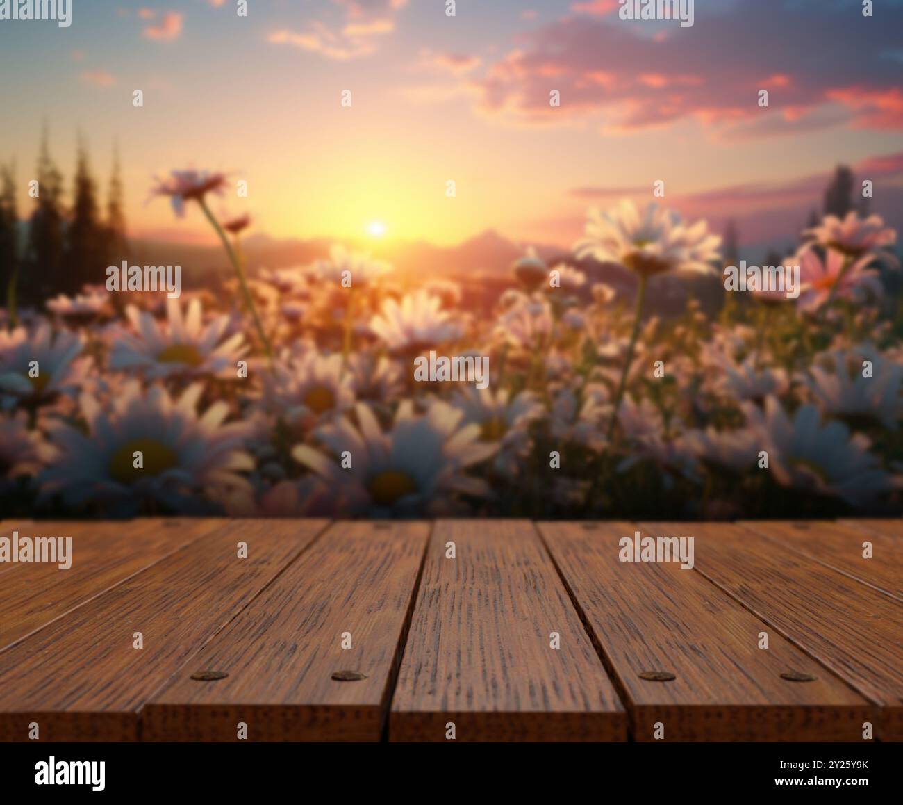 Tavolo in legno o piano superiore con il paesaggio primaverile di montagna e fiori. Tramonto sul campo. Per montaggio su display del prodotto. Illustrazione 3d. Foto Stock