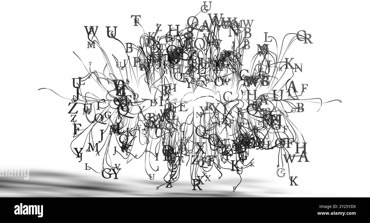 Sfondo di lettere e parole su sfondo bianco. Persuasione nella scrittura e nella comunicazione. Concetto di poesia e letteratura. Foto Stock