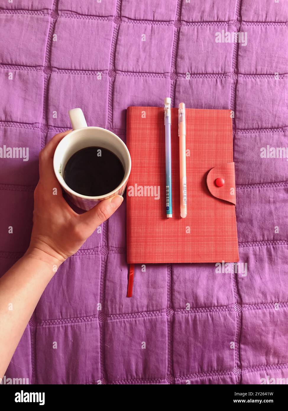 Notebook, penne e caffè in pelle Eco vivace su una coperta viola Foto Stock