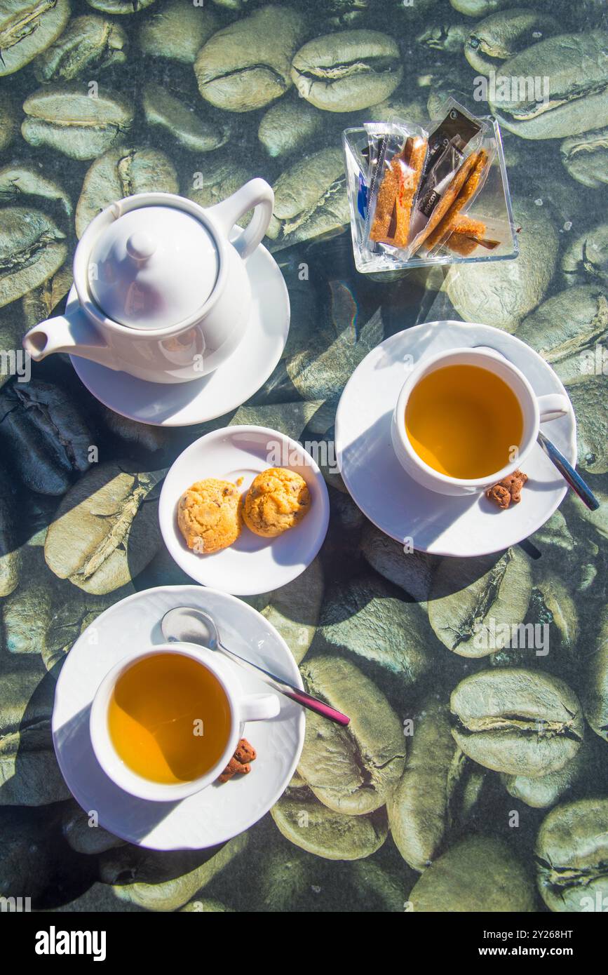 Due tazze di tè con biscotti. Vista da sopra. Foto Stock