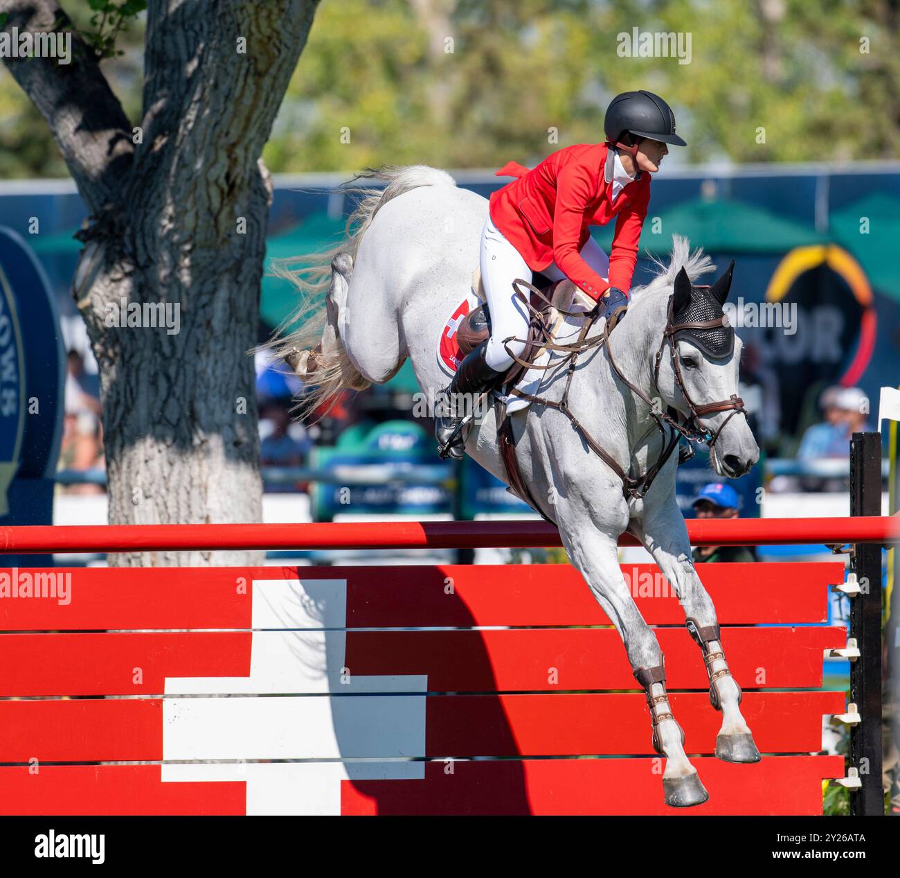 Calgary, Alberta, Canada, 7 settembre 2024. Geraldine Straumann (sui) in sella a Long John Silver 3, BMO Nations Cup, CSIO Spruce Meadows Masters, - CP GR Foto Stock