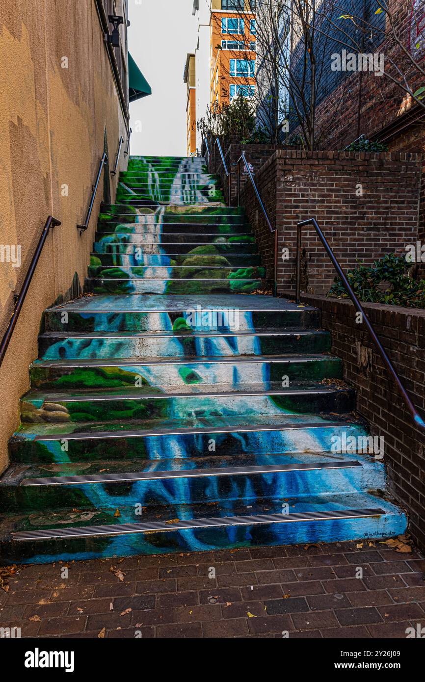 Waterfall Mural sulla Stairway nel centro di Asheville, North Carolina, Stati Uniti Foto Stock