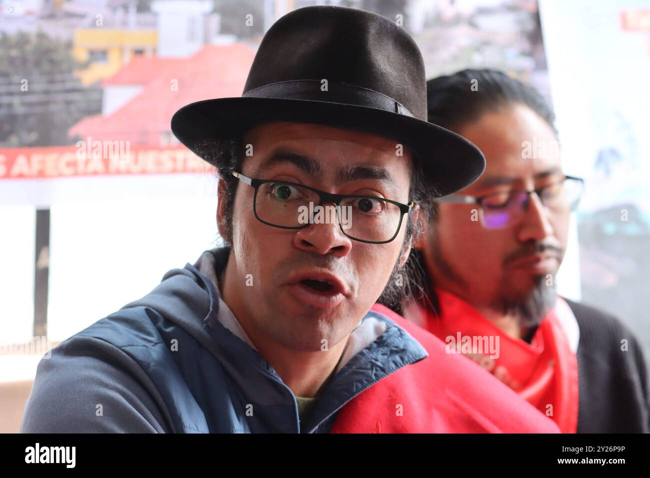 UIO KITU KARA TOXIC WASTE Quito, 9 settembre 2024 la nazionalità Kichwa Kitu Kara parla in una conferenza stampa sul processo di giustizia dei rifiuti tossici nella comunità di Llano grande nel Consiglio di amministrazione da sinistra a destra JosÃ Gualoto, Dario Iza, presidente Kitu Kara, Franklin Jarrin e Erika Simbana API HAMILTON LOPEZ Quito Pichincha Ecuador EVN UIO KITU KARA Kara Foto Stock