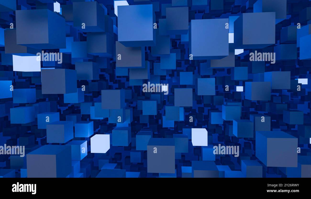 Questa immagine astratta presenta una disposizione dinamica di cubi 3D blu in varie dimensioni, creando un accattivante senso di profondità e un design geometrico. Il Foto Stock