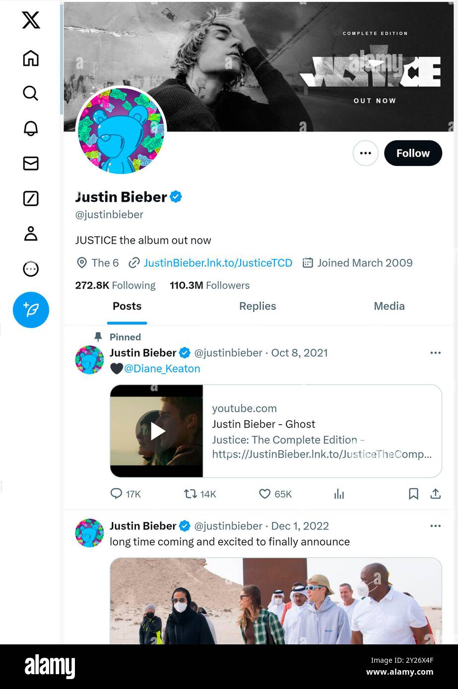 "X" - precedentemente Twitter - pagina (settembre 2024) di Justin Bieber Foto Stock