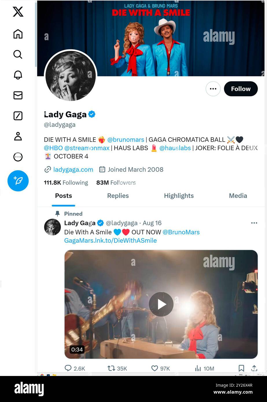 "X" - precedentemente Twitter - pagina (settembre 2024) di Lady Gaga Foto Stock
