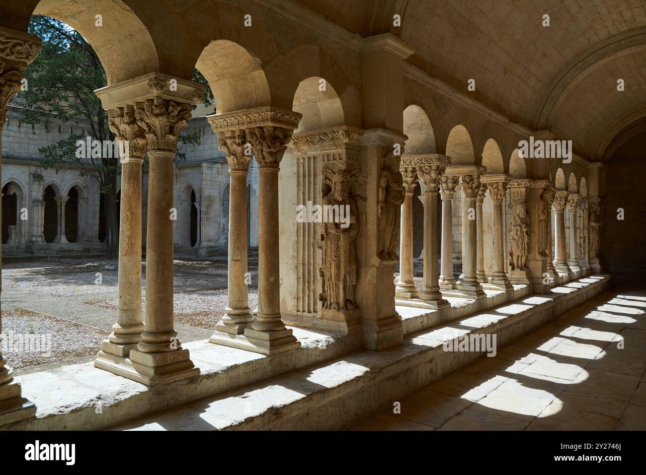 Sculture romaniche e colonne nei chiostri della chiesa di San Trofime, Arles, Provenza, Francia Foto Stock