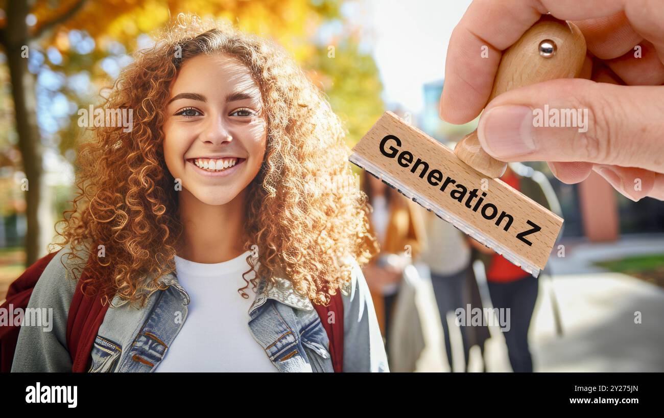 Generazione Z Ein Holzstempel ist beschriftet mit dem Aufdruck generazione Z über dem Bild eines Jugendlichen der Generation Z - FOTOMONTAGE *** Generat Foto Stock