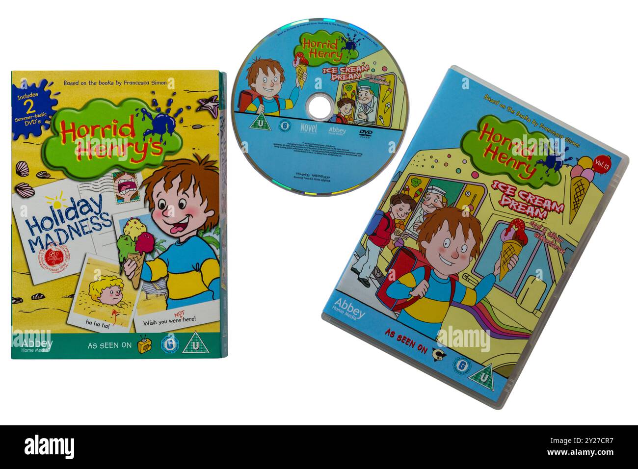 Horrid Henry's Holiday Madness doppio DVD Pack isolato su sfondo bianco basato sui libri di Francesca Simon - Horrid Henrys gelato Dream Foto Stock