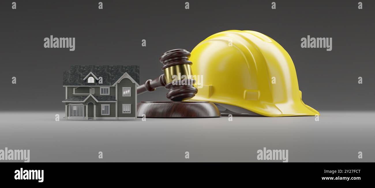 Modellino in miniatura, elmetto giallo e martelletto su sfondo graduato. Foto Stock