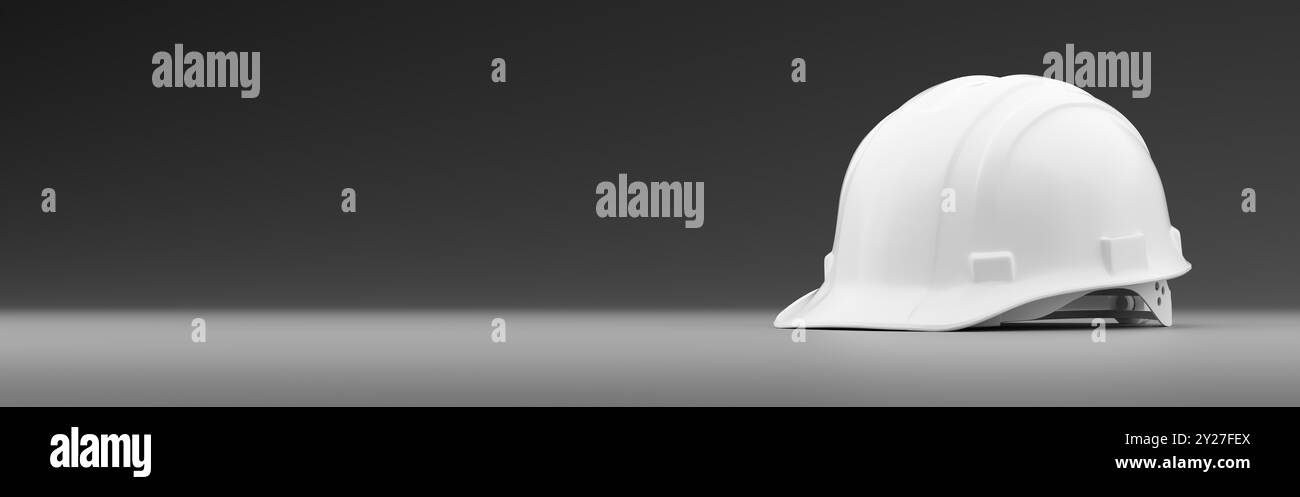 Banner White Safety Hard Hat su sfondo graduato con spazio per testo o grafica. Foto Stock