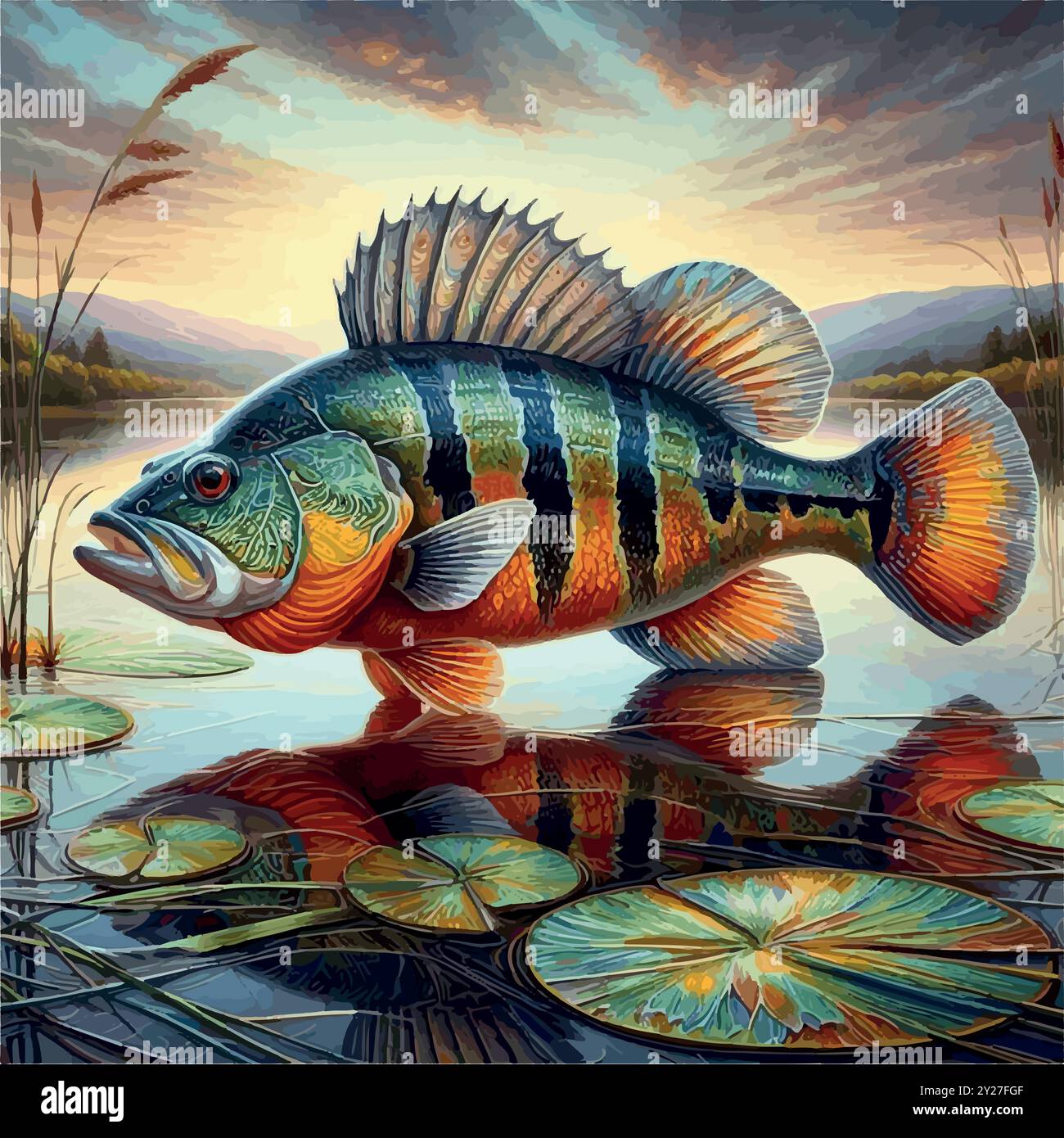 Peacock Bass Fish: Il vibrante Predator dei fiumi sudamericani e un Trophy Catch per Anglers. Illustrazione Vettoriale