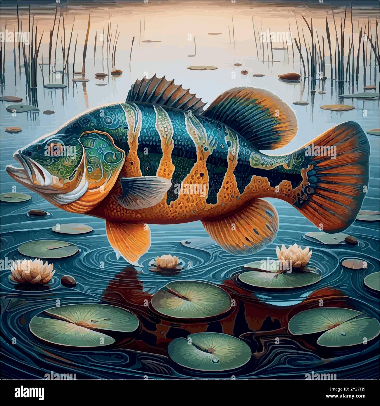 Peacock Bass Fish: Il vibrante Predator dei fiumi sudamericani e un Trophy Catch per Anglers. Illustrazione Vettoriale