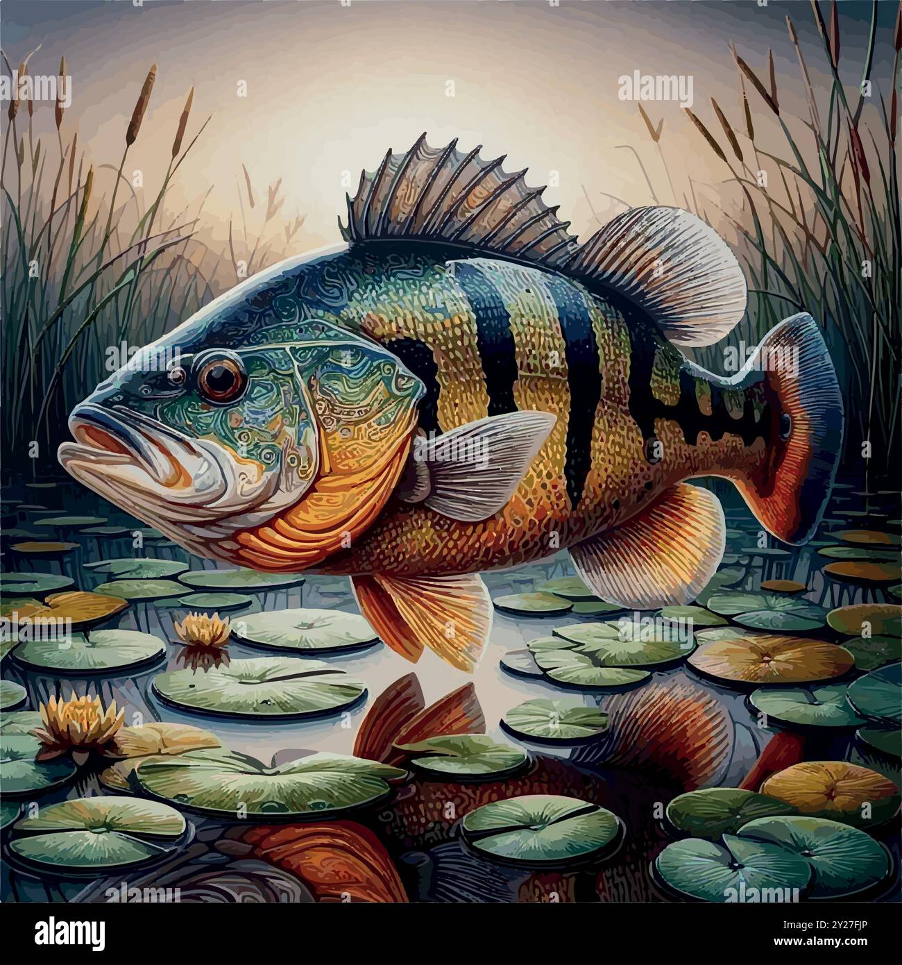 Peacock Bass Fish: Il vibrante Predator dei fiumi sudamericani e un Trophy Catch per Anglers. Illustrazione Vettoriale