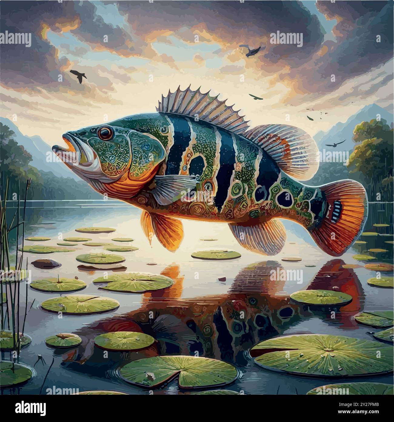 Peacock Bass Fish: Il vibrante Predator dei fiumi sudamericani e un Trophy Catch per Anglers. Illustrazione Vettoriale