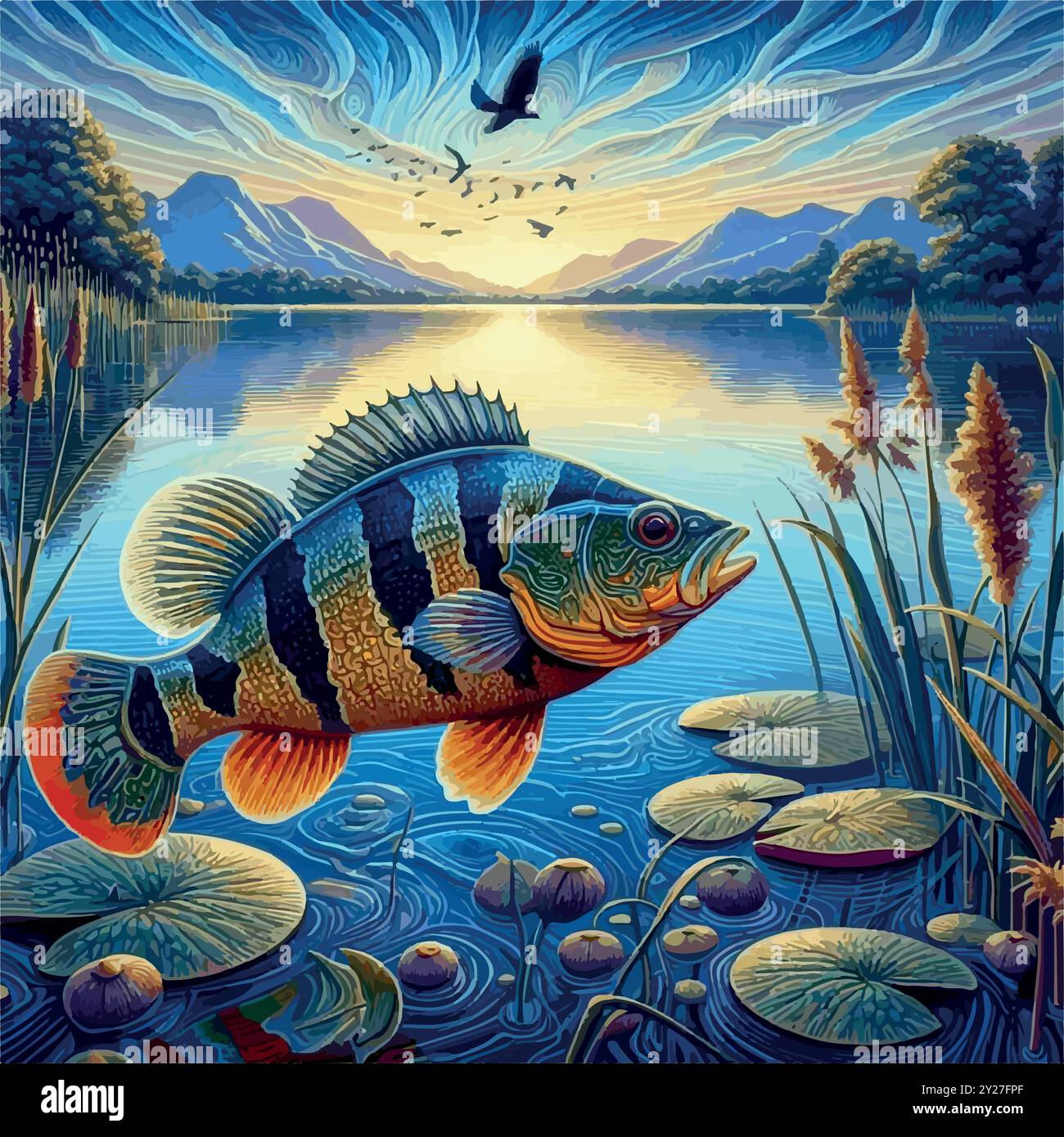 Pesce persico pavone: Il colorato Predatore dell'Amazzonia. Il vibrante Predator of South American Rivers e un trofeo per Anglers. Illustrazione Vettoriale