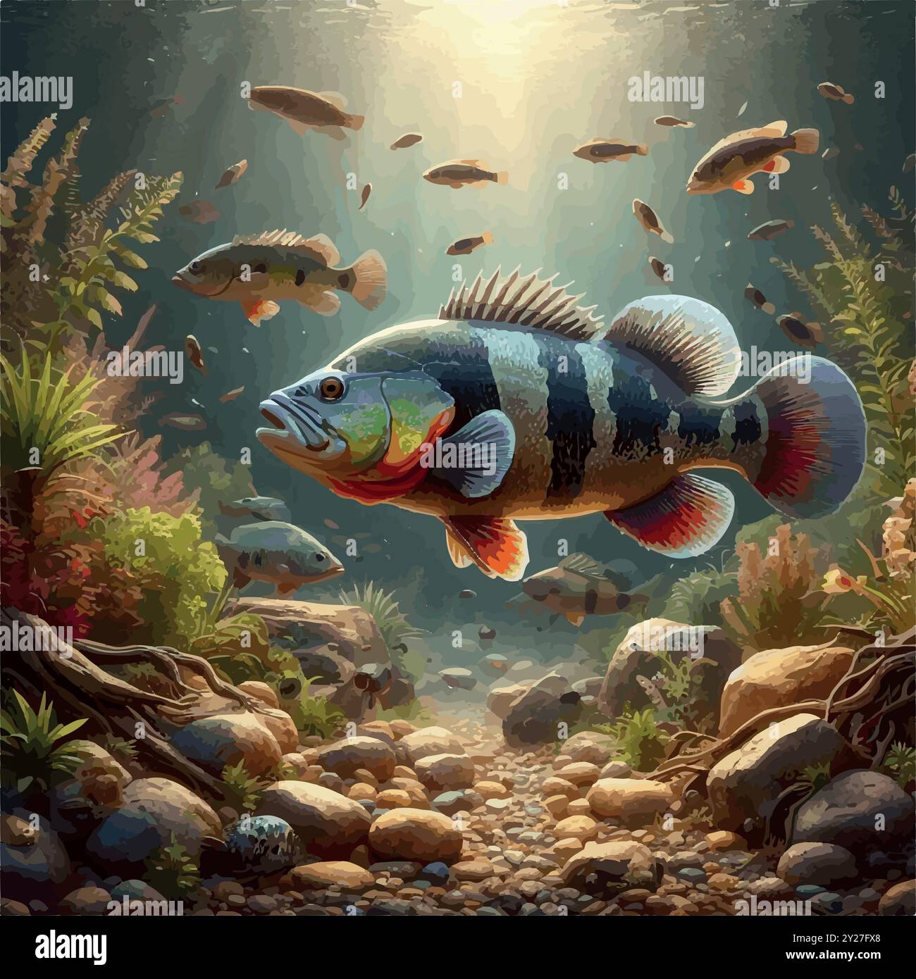 Pesce persico pavone: Il colorato Predatore dell'Amazzonia. Il vibrante Predator of South American Rivers e un trofeo per Anglers. Illustrazione Vettoriale