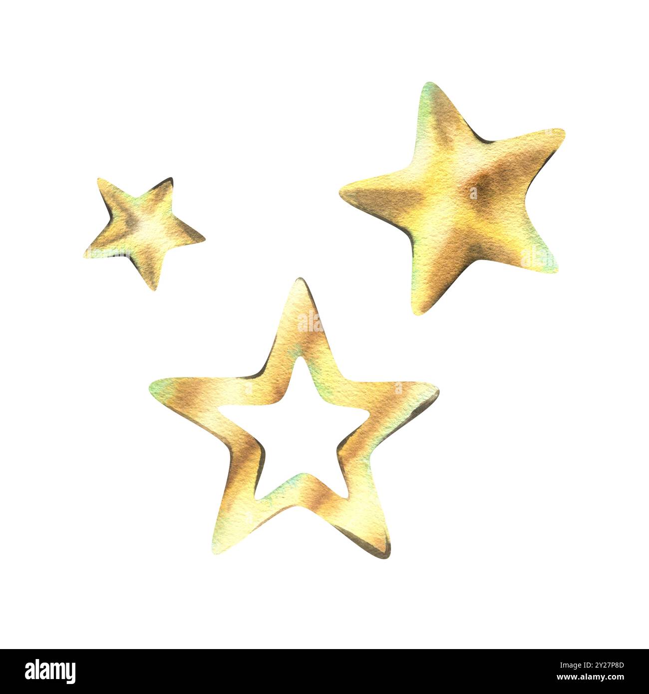 Golden Stars, giocattoli di Capodanno per decorazioni e altre festività, gialli, volumetrici. Illustrazione ad acquerello, disegnata a mano. Set di elementi individuali Foto Stock
