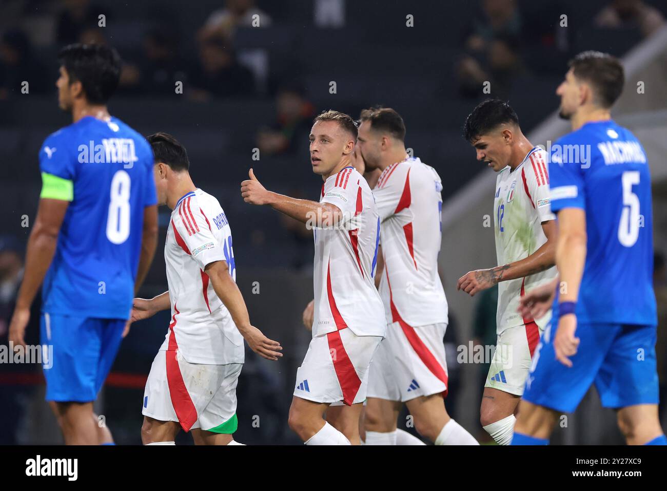 Budapest, Ungheria. 9 settembre 2024. L'Italia Davide Frattesi reagisce dopo aver segnato per dare alla squadra un vantaggio di 1-0 punti durante la partita di UEFA Nations League alla Bozsik Arena di Budapest. Il credito per immagini dovrebbe essere: Jonathan Moscrop/Sportimage Credit: Sportimage Ltd/Alamy Live News Foto Stock