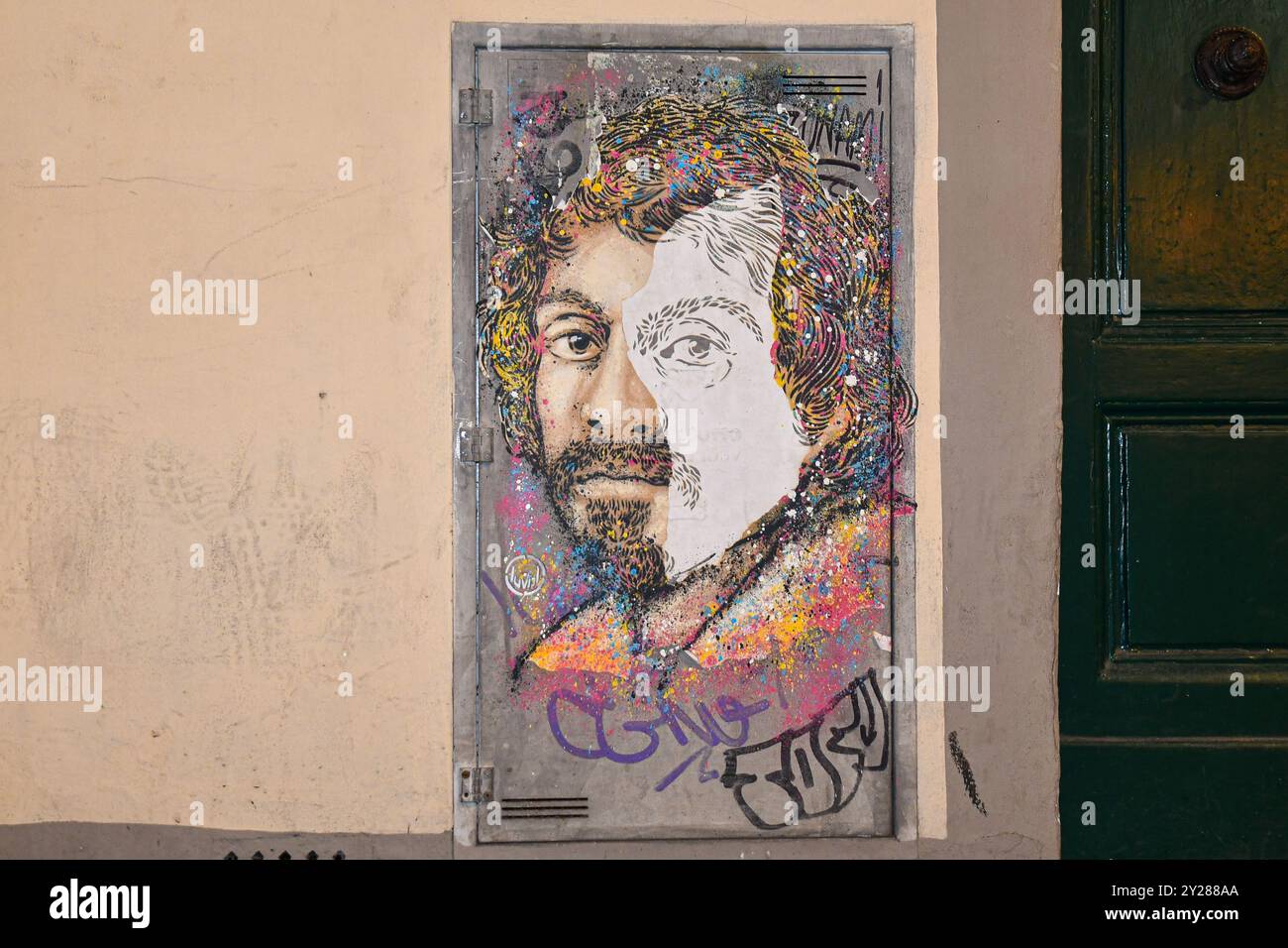 Street art di Federico Luvol ispirata all'autoritratto di Caravaggio, su un contatore di gas nel centro di Firenze, Toscana, Italia Foto Stock