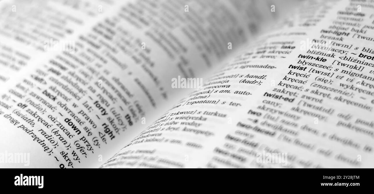 Primo piano del Dizionario inglese-polacco Spread (centerfold) Foto Stock