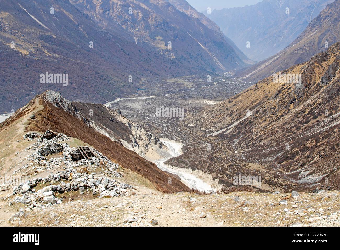 Shepherd si trova sulle pendici di Tsergo Ri, con la valle di Langtang sottostante Foto Stock