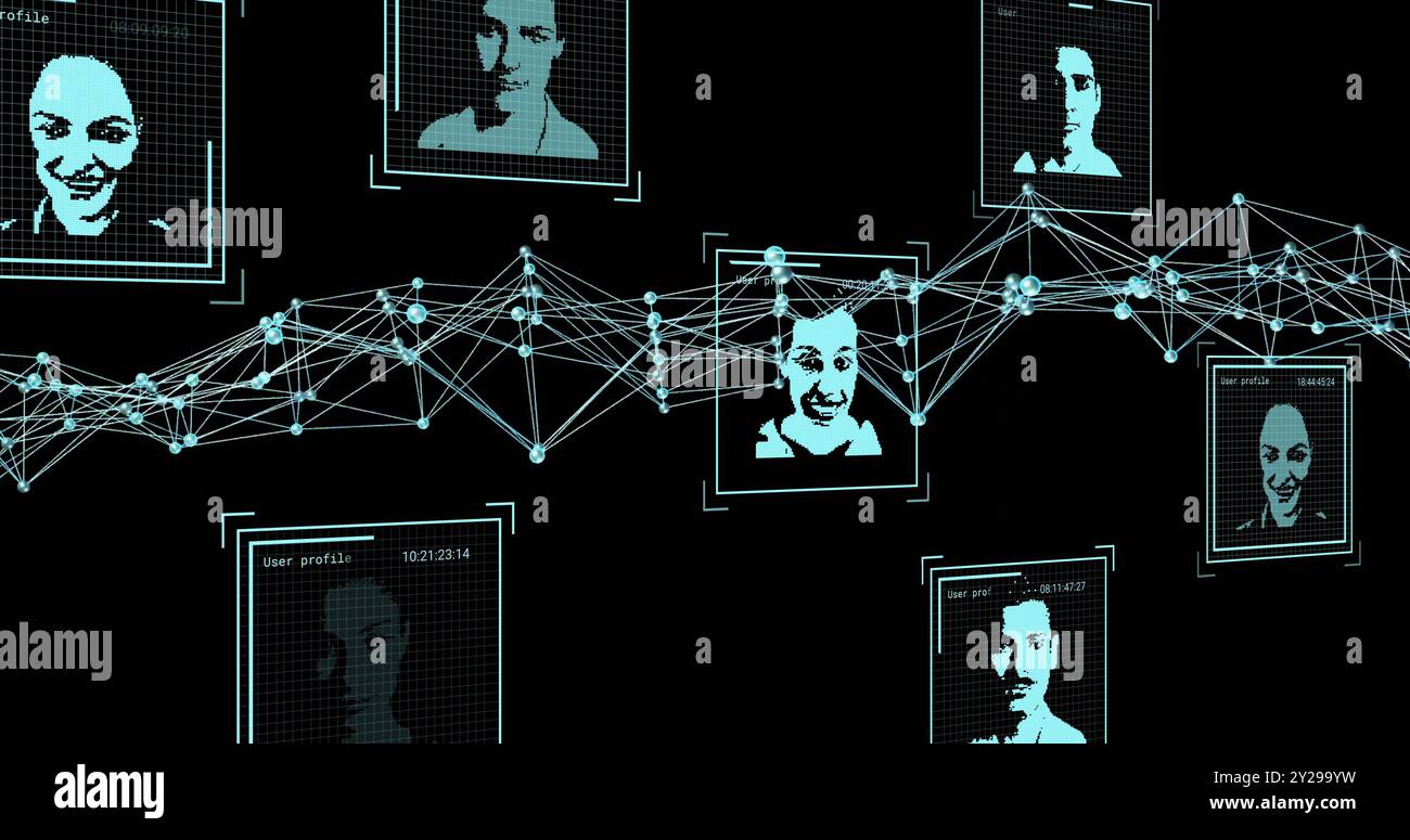 Immagine di foto biometriche digitali, elaborazione dei dati e filamento di dna su sfondo nero Foto Stock