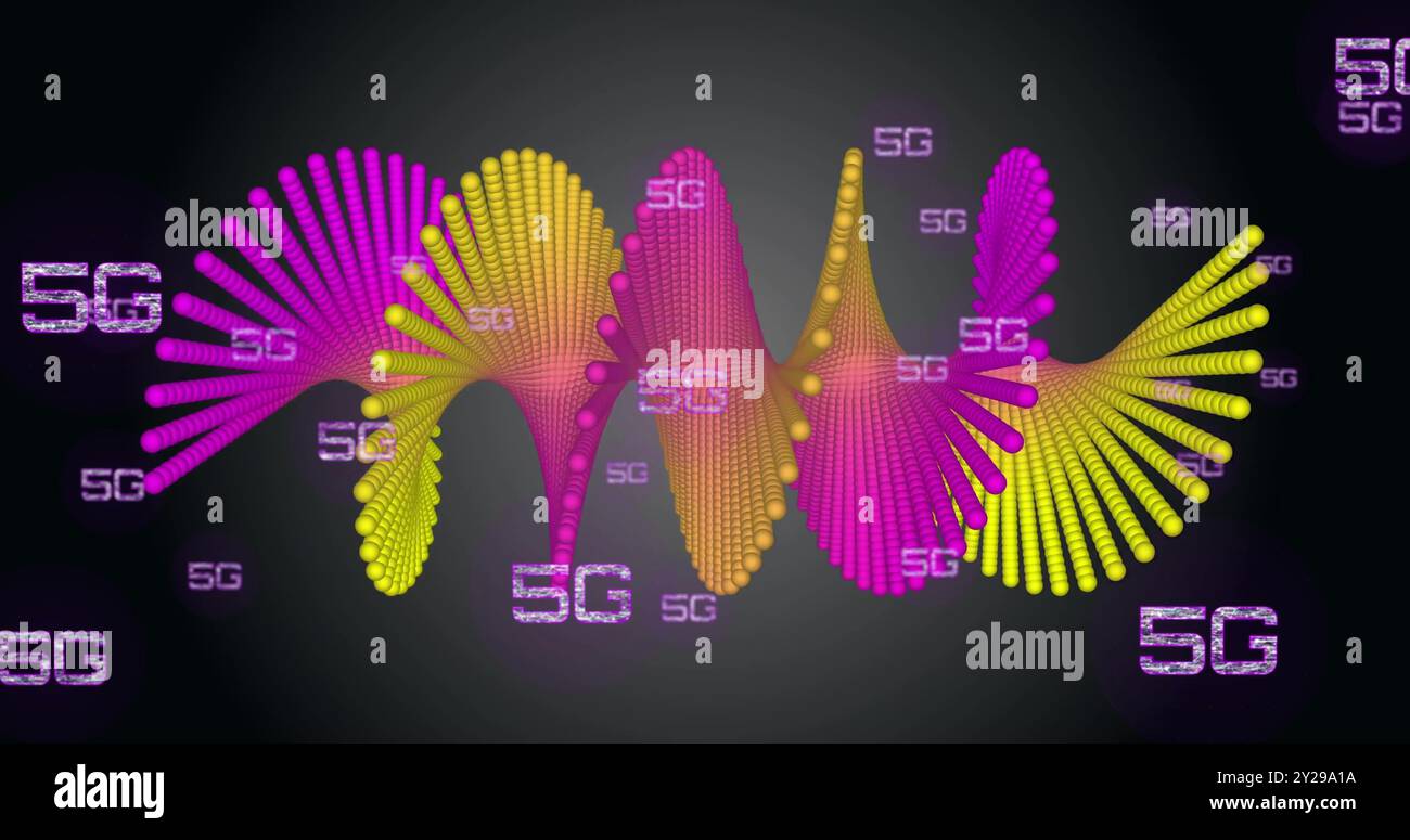 Immagine di testo 5g, elaborazione dati digitale e filamento di dna su sfondo nero Foto Stock