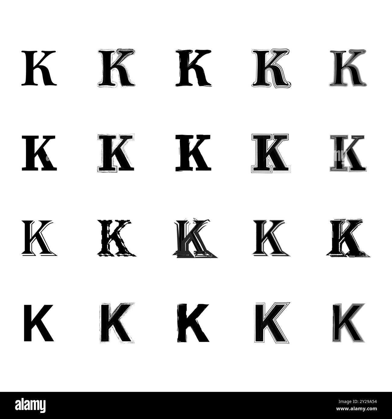 Variazioni di lettera K. Set di moduli letterari distorti. Tipografia in bianco e nero. Grunge e classici. Illustrazione Vettoriale