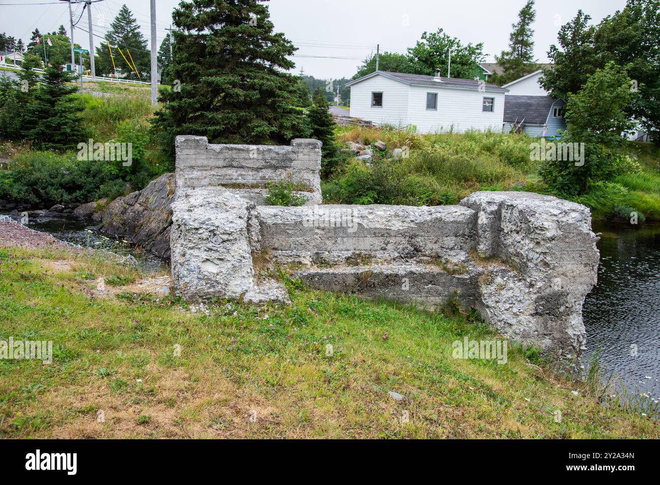 Vecchi sostegni in cemento per ponti ferroviari a Heart's Delight-Islington, Terranova & Labrador, Canada Foto Stock