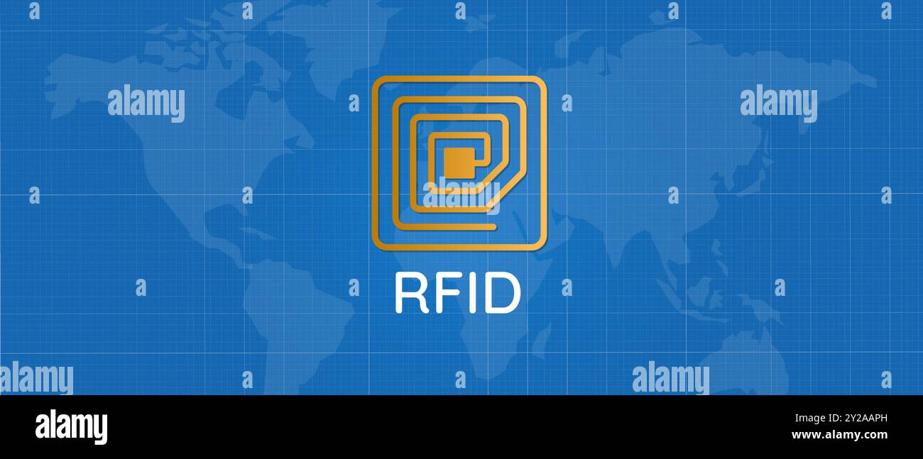Simbolo dell'antenna ID wireless di identificazione a radiofrequenza RFID su sfondo blu Illustrazione Vettoriale