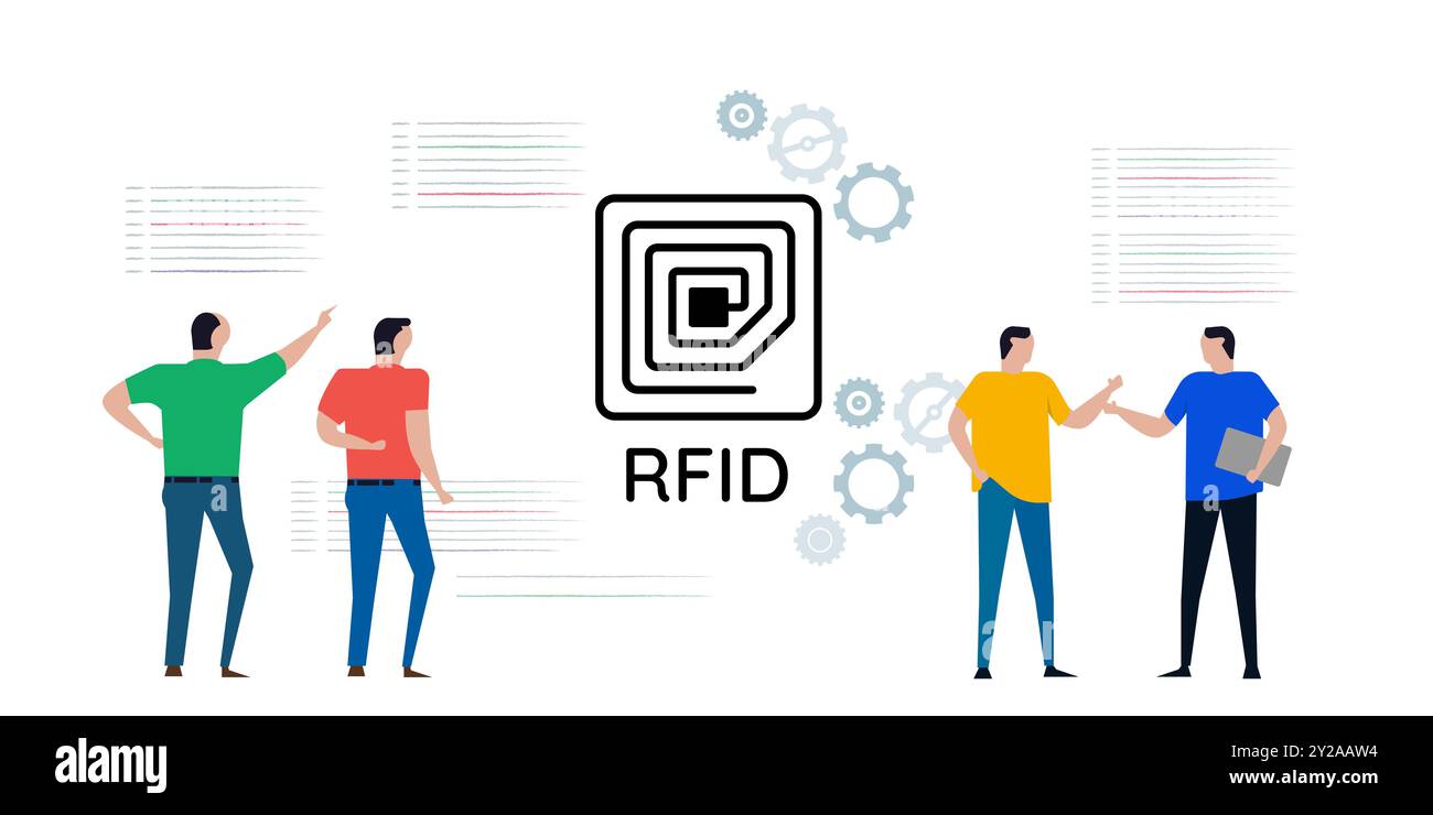 Simbolo dell'antenna ID wireless per l'identificazione delle radiofrequenze RFID le persone discutono del concetto tecnologico Illustrazione Vettoriale