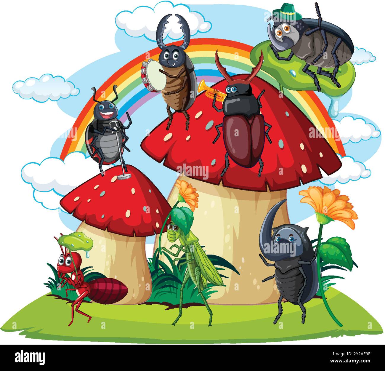 Insetti raccolti sui funghi sotto un arcobaleno Illustrazione Vettoriale