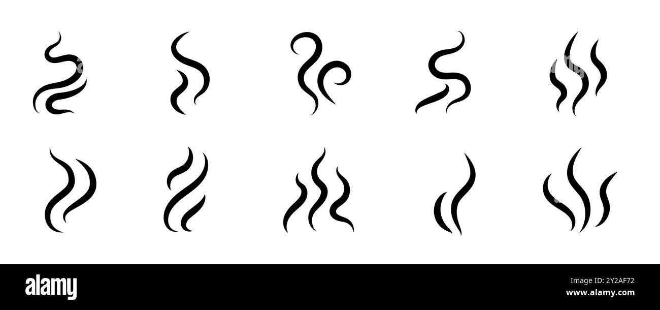 Set di logo del vettore dell'icona del vapore di fumo. Illustrazione dell'icona dell'odore di fumo, dell'aroma di vapore e del calore. Logo della linea di scarabocchi fuoco vapore caldo. Colpire puzza, caffè, fragranza elementi fiamma. Illustrazione vettoriale. Illustrazione Vettoriale