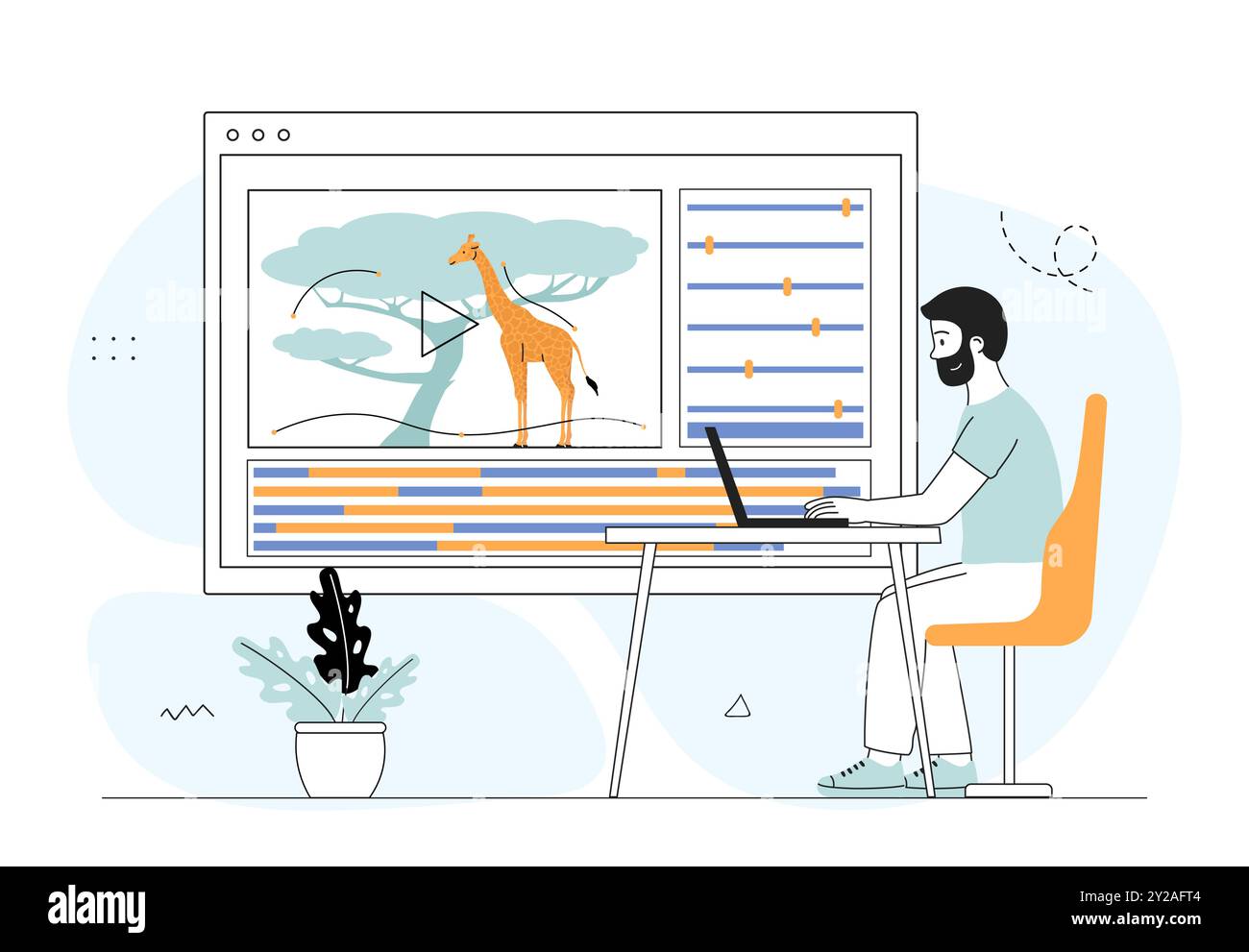 Animatore sul posto di lavoro. L'uomo crea immagini in movimento. Libero professionista e web designer al lavoro. Programmatore sul posto di lavoro. Sviluppo grafico del movimento. Lineare Illustrazione Vettoriale