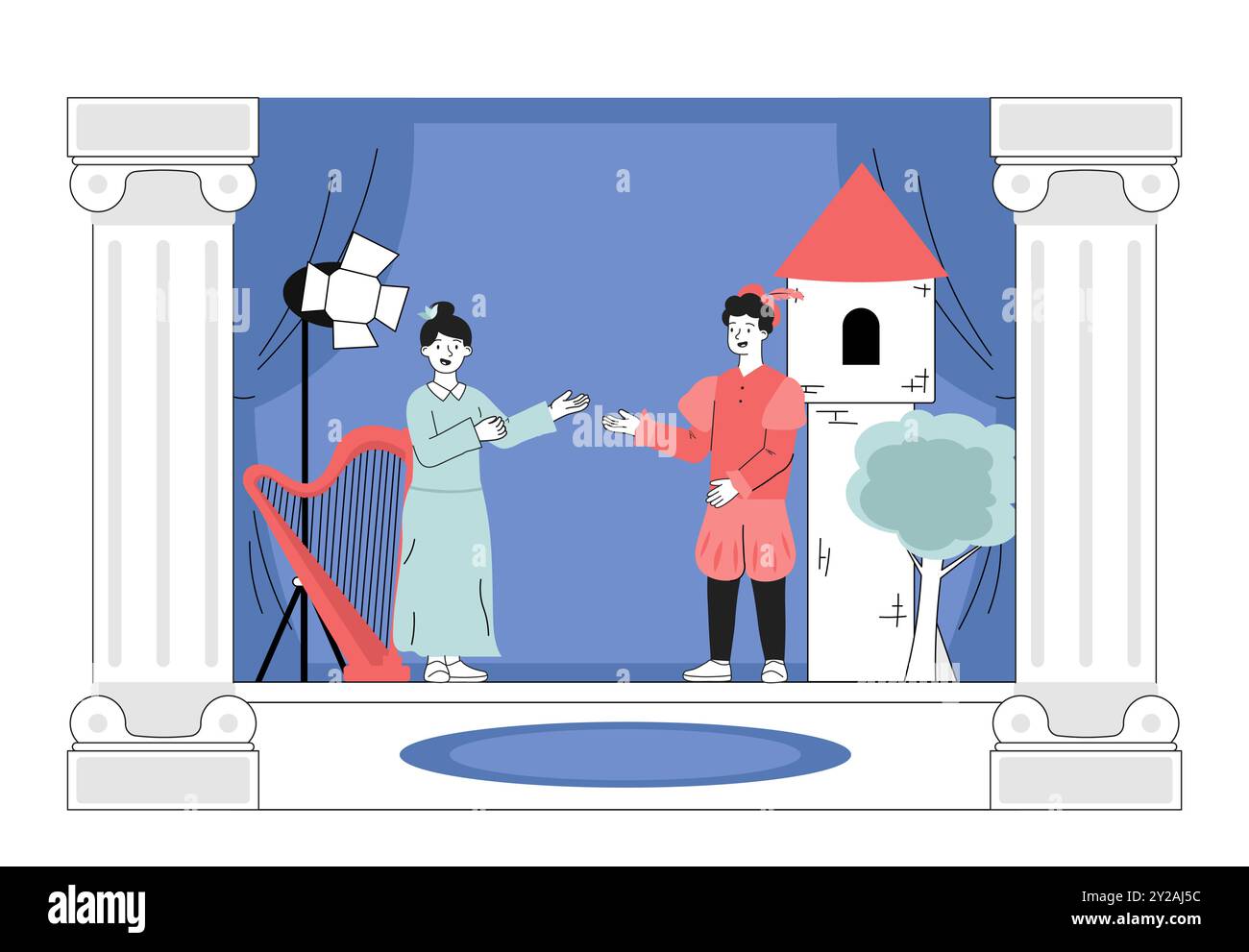 Attori che si esibiscono in teatro. Uomo e palcoscenico che parlano sul palco. Cavaliere e principessa vicino al castello e all'arpa. Artisti di talento. Vettore lineare Illustrazione Vettoriale