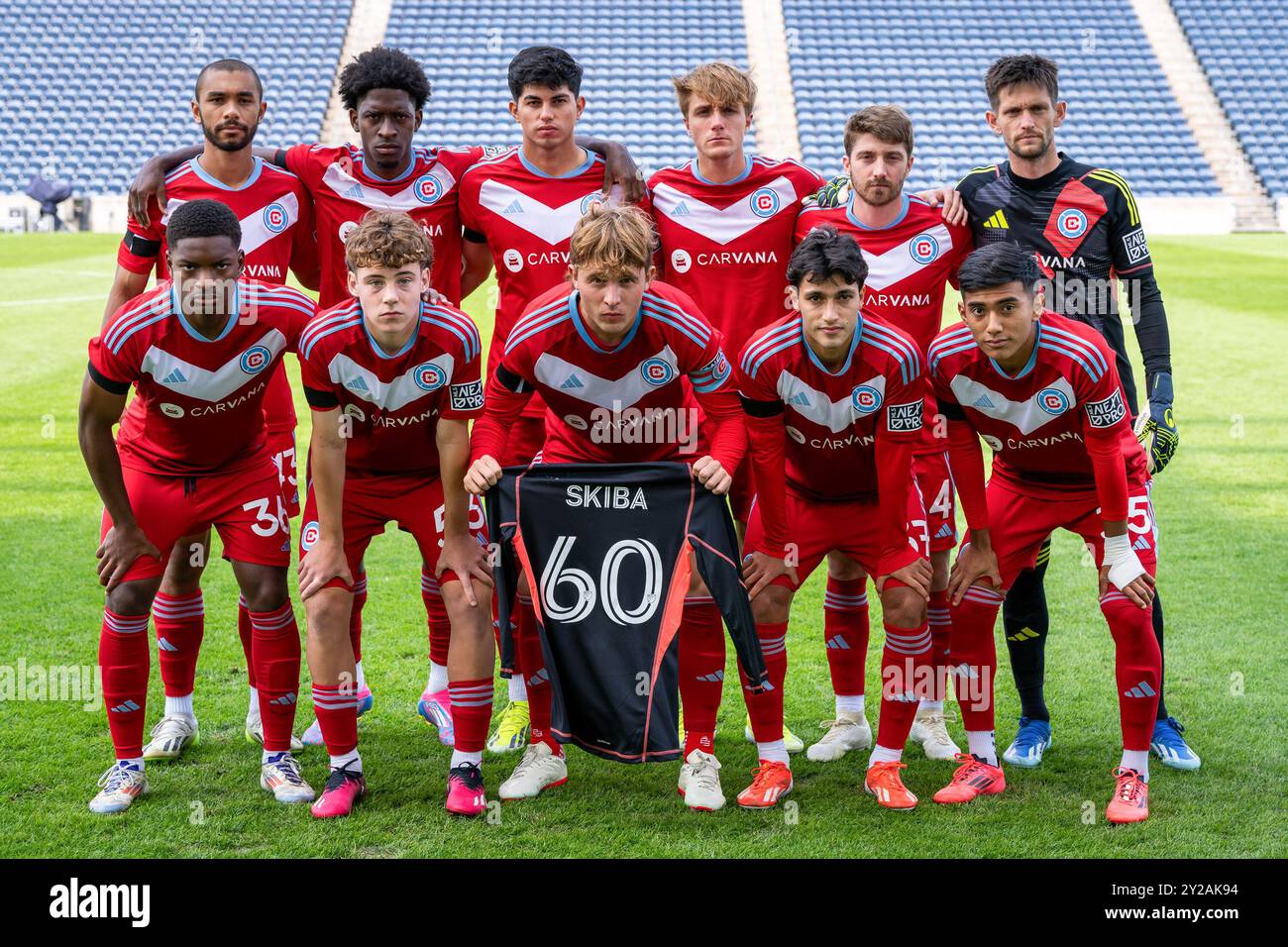 Bridgeview, Stati Uniti. 8 settembre 2024. Giocatori di Chicago in posa per le foto XI di partenza per la partita di calcio MLS NextPro tra Chicago Fire FC II e FC Cincinnati II al SeatGeek Stadium. Punteggio finale: Chicago Fire FC II 1:1 FC Cincinnati II credito: SOPA Images Limited/Alamy Live News Foto Stock