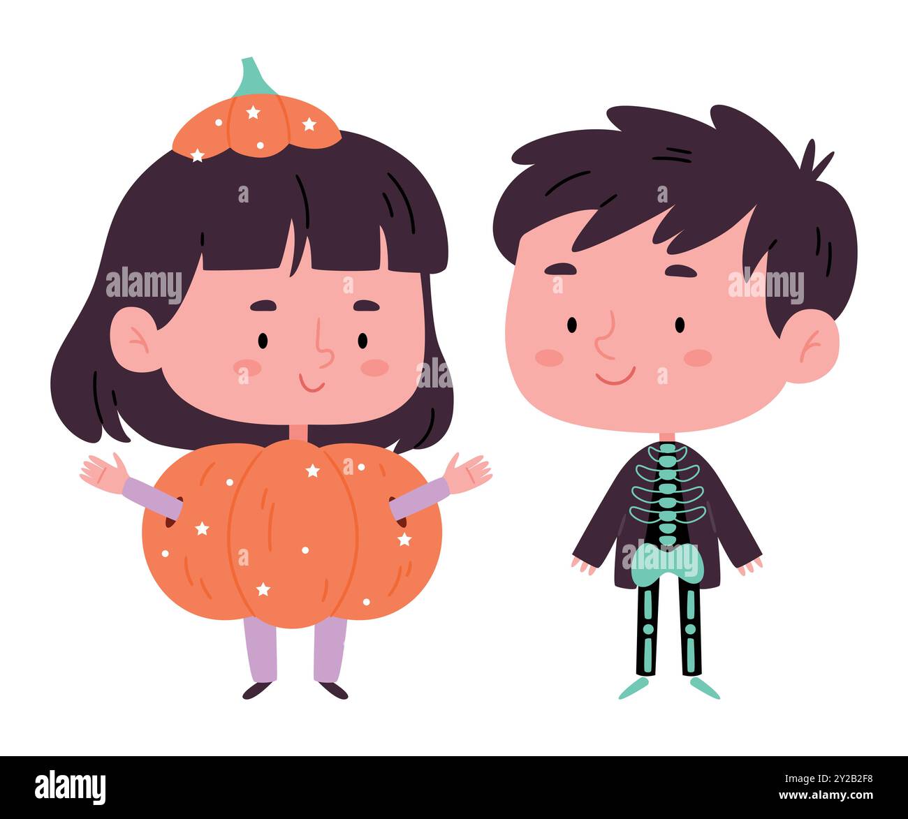 Bambini in costumi di Halloween. Scheletro, zucca, simpatici personaggi dei cartoni animati. Illustrazione Vettoriale