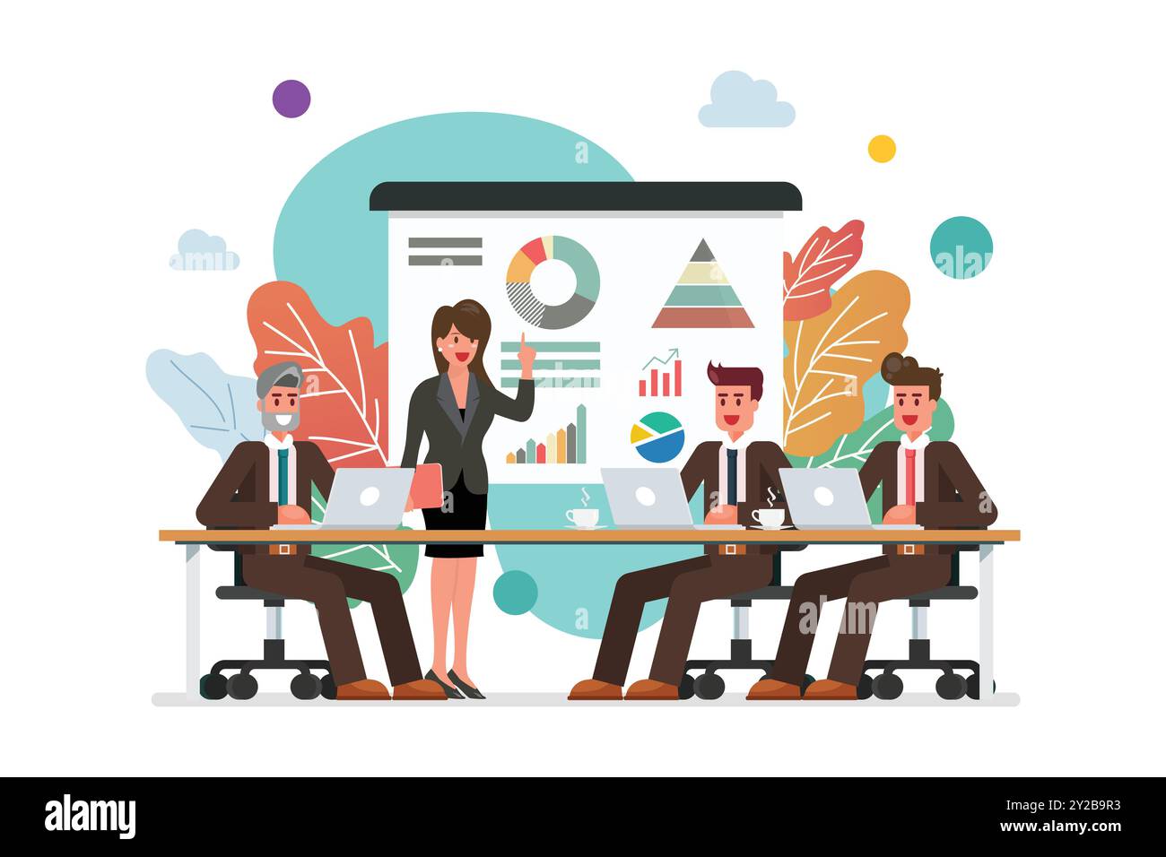 Uomini d'affari che si incontrano con la natura. Donna d'affari presentazione del progetto Illustrazione Vettoriale
