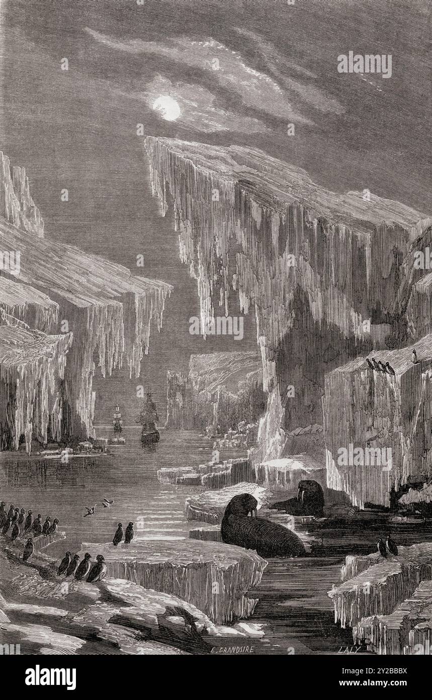 La HMS Erebus e la HMS Terror della spedizione perduta di Franklin, 1845 - 1847, navigando attraverso i ghiacci dell'Artico. Da le Tour du Monde, pubblicato Parigi, 1860. Foto Stock