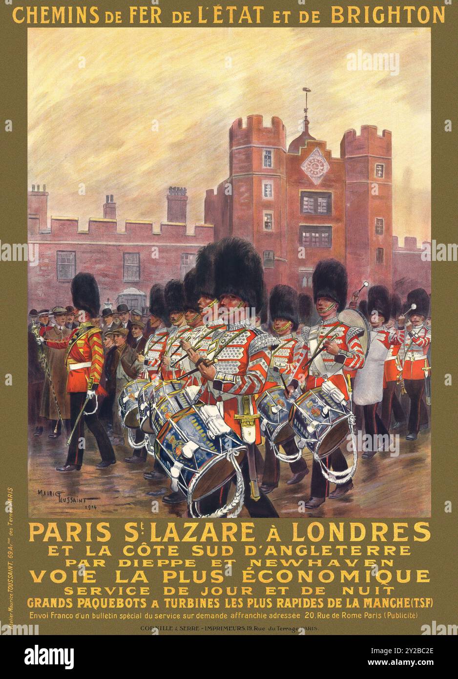 Chemins de Fer de l'État et de Brighton. Paris St. Lazare à Londres di Maurice Toussaint (1882-1974). Poster pubblicato nel 1914 in Francia. Foto Stock