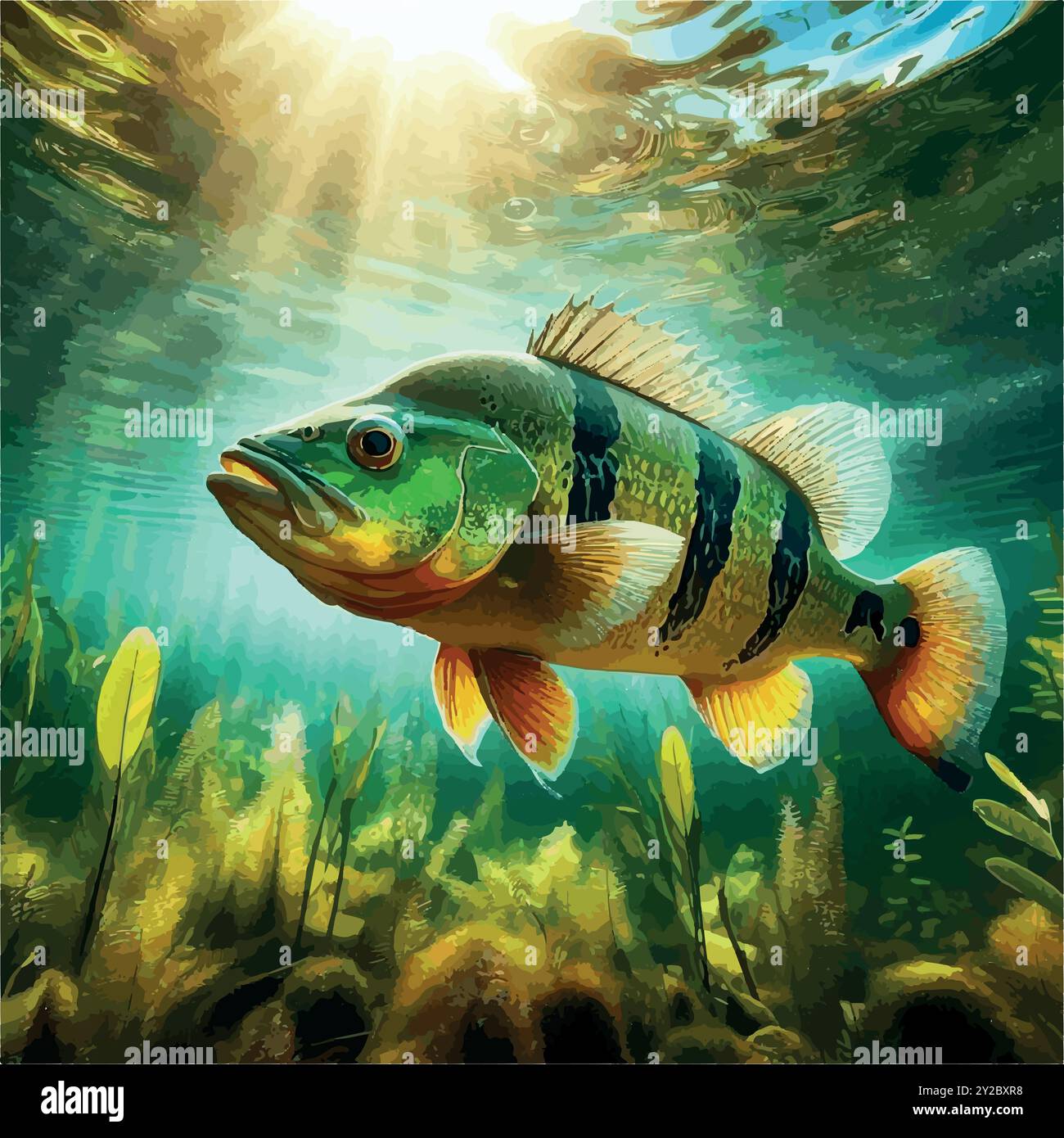 Esplora il mondo del Peacock Bass Fish, il predatore colorato del Sud America, conosciuto per la sua potenza e bellezza. Un must per i pescatori in cerca di trofei! Illustrazione Vettoriale